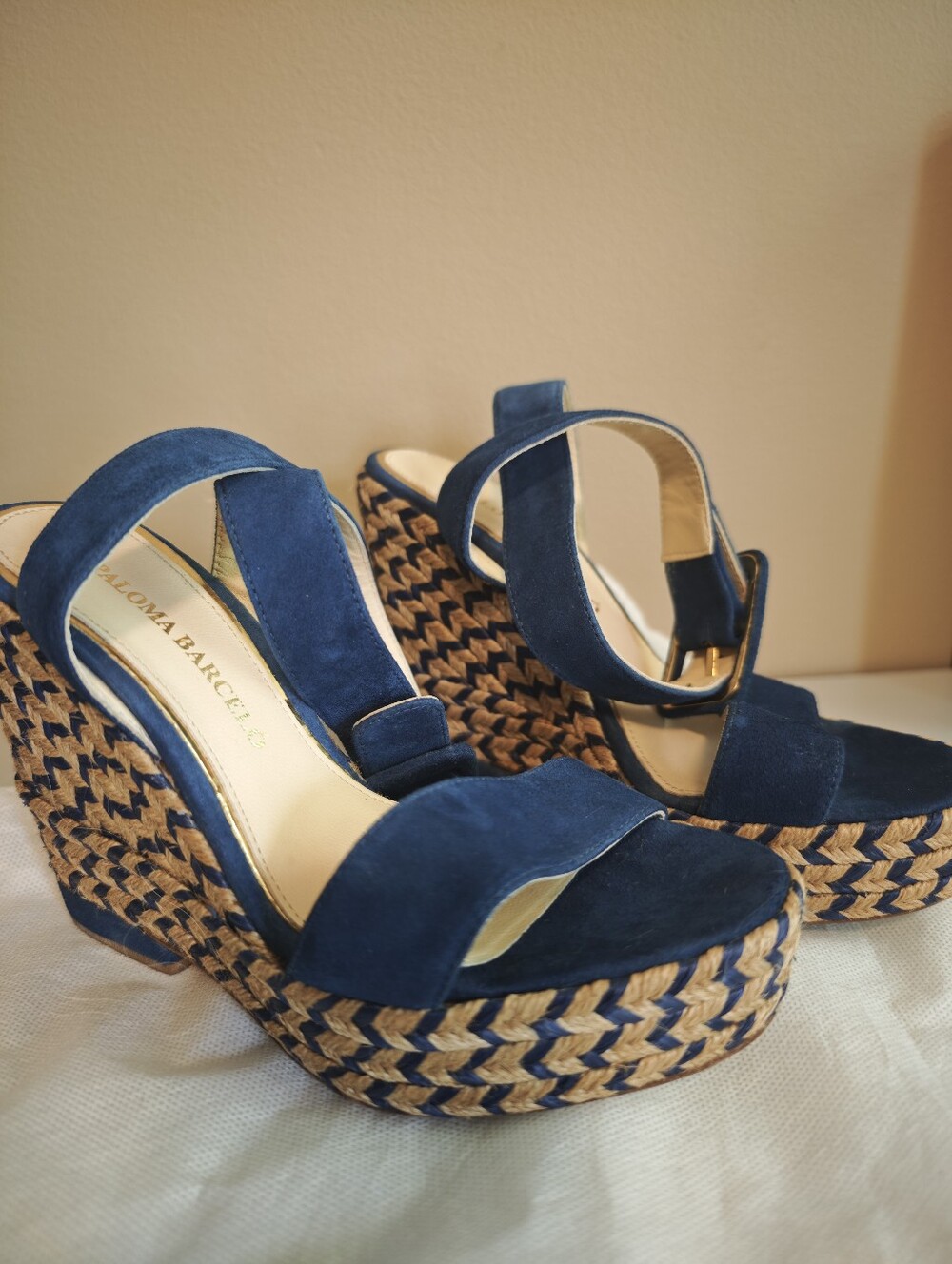Paloma Barcelo Navy Suede Woven Platform Wedges